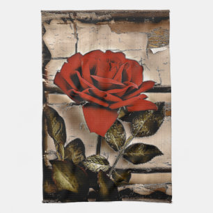 Grunge Distressed Barn Wood Rustic Red Rose Kitchen Towel