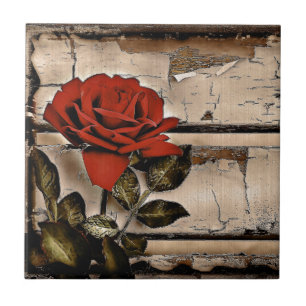 Grunge Distressed Barn Wood Rustic Red Rose Tile