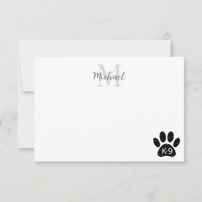 Grunge Distressed Dog Paw K-9 Monogram Card (Front)