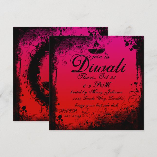 Grunge Diwali Deepa Pink and Orange Invitation (Front/Back)