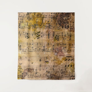 Grunge Floral Music Vintage Botanical  Wall Tapestry