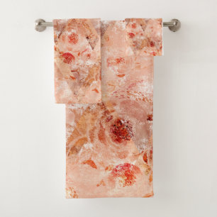 Grunge floral pattern. Coral background.  Bath Towel Set