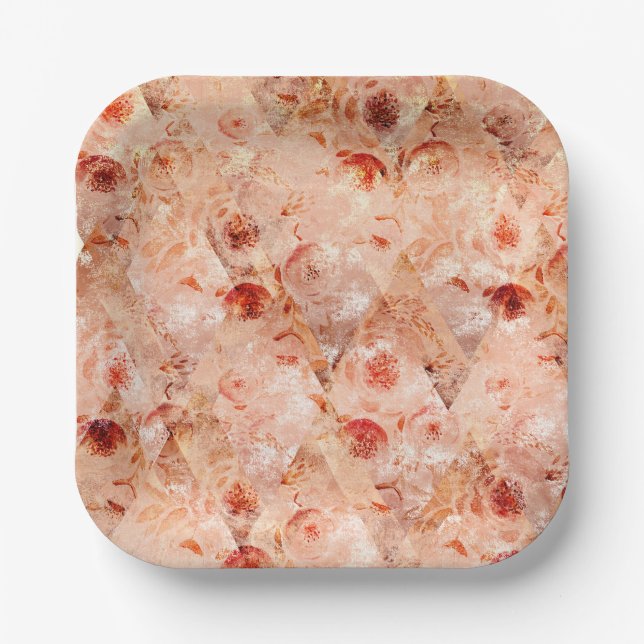 Grunge floral pattern. Coral background.  Paper Plate (Front)