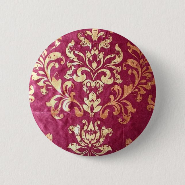 grunge floral Victorian Gold Burgundy damask 2 Inch Round Button (Front)