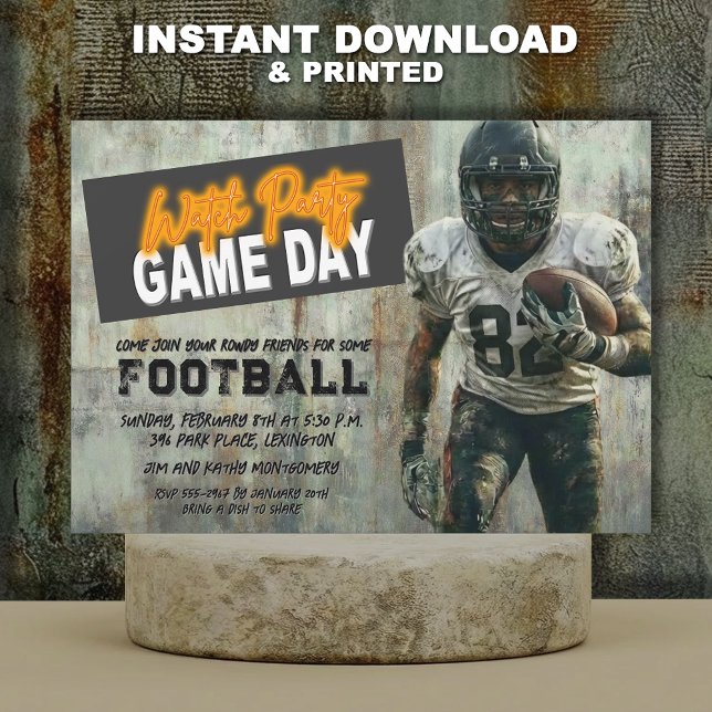 Grunge Football Super Player Party Invitation (Grunge American football player Super Bowl party invitations - INSTANT DOWNLOAD and/or PRINTED)
