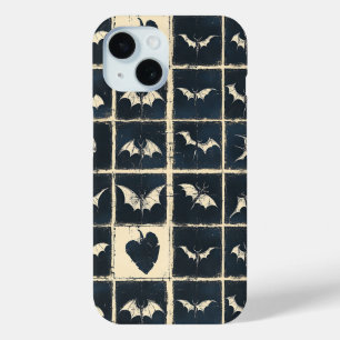 Grunge Gothic Bats & Skulls Denim Pattern iPhone 15 Case