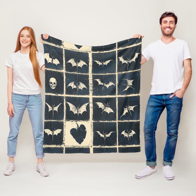 Grunge Gothic Bats & Skulls Denim Pattern Fleece Blanket (In Situ)