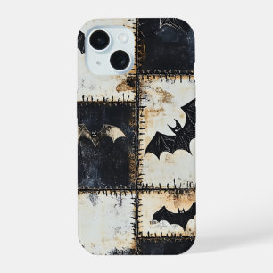 Grunge Gothic Bats & Skulls Denim Pattern iPhone 15 Case