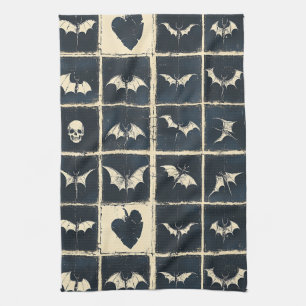 Grunge Gothic Bats & Skulls Denim Pattern Kitchen Towel