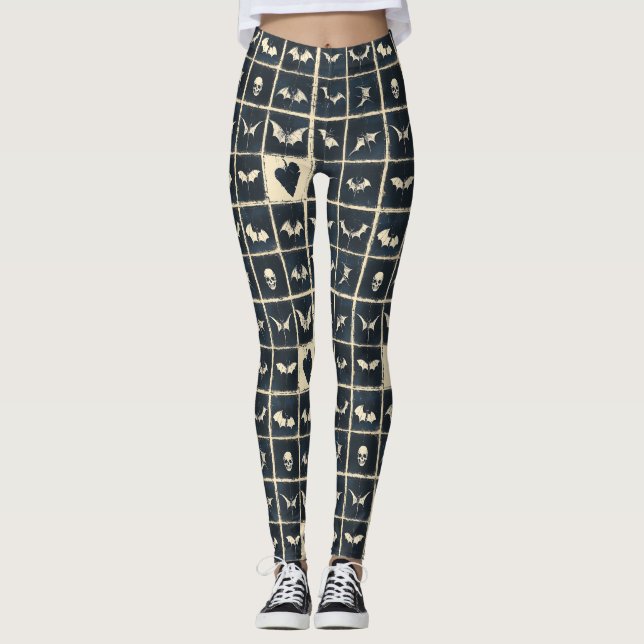 Grunge Gothic Bats & Skulls Denim Pattern Leggings (Front)
