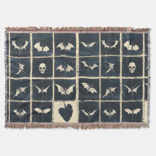 Grunge Gothic Bats & Skulls Denim Pattern Throw Blanket