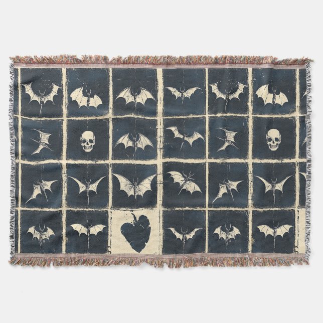 Grunge Gothic Bats & Skulls Denim Pattern Throw Blanket (Front)
