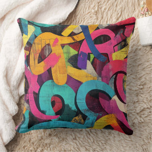 Grunge Graffiti Abstract in Pink Yellow Blue Throw Pillow