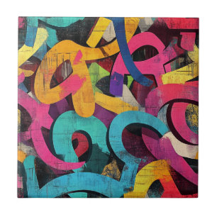 Grunge Graffiti Abstract in Pink Yellow Blue Tile