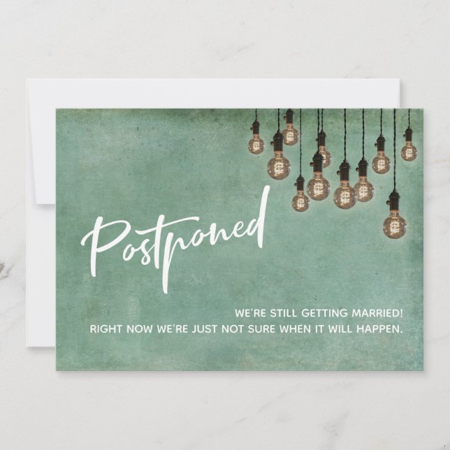 Grunge Green Edison Lights Postponed Wedding Card (Front)