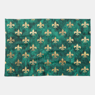 Grunge Green Velvet Fleur De Lis Mardi Gras Kitchen Towel