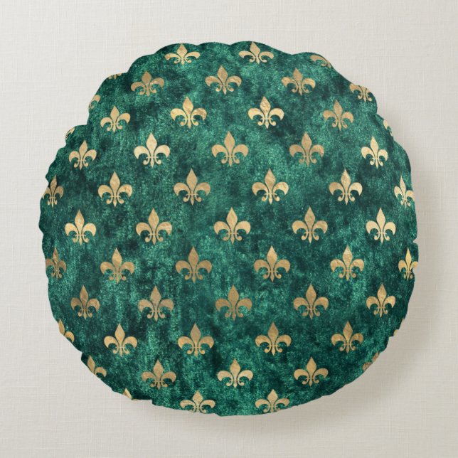 Grunge Green Velvet Fleur De Lis Mardi Gras Round Pillow (Front)