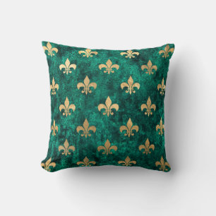 Grunge Green Velvet Fleur De Lis Mardi Gras Throw Pillow