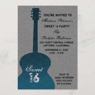 Grunge Guitar Stripes Sweet Sixteen Invite, Blue Invitation