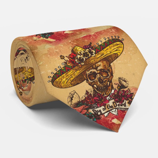 Grunge,halloween,skull,mexican hat,day of the dead tie (Rolled)