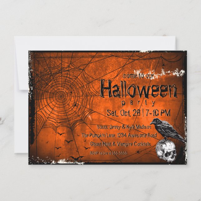 Grunge Halloween Spiderwebs, Raven & Skull Invitation (Front)