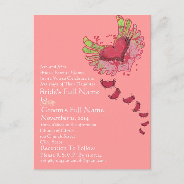 Grunge Heart Faire-part de mariage rose framboise (Devant)