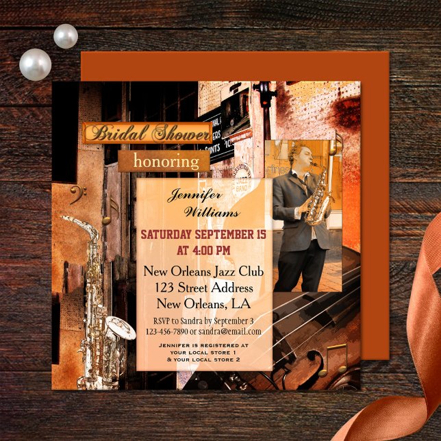 Grunge Jazz Music Invitation de la douche nuptiale (A bridal shower invitation in a grunge retro poster style with a music theme.)