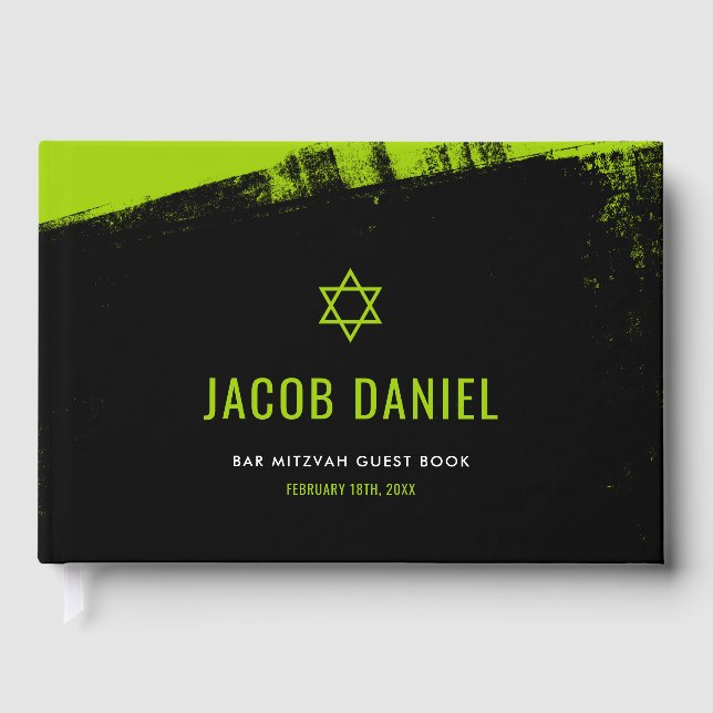 Grunge Lime Green Black Bar Mitzvah Guest Book (Front)