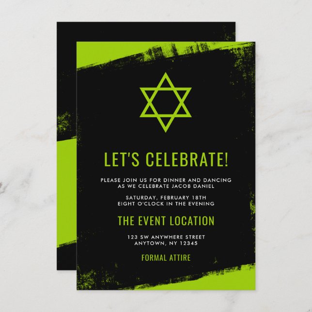 Grunge Lime Green Black Bar Mitzvah Reception Invitation (Front/Back)