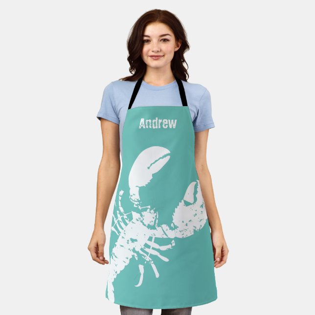 Grunge Lobster Blue White Seafood Print Custom Apron (Worn)