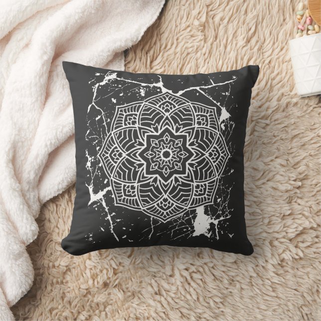 Grunge Mandalas Grey T-Shirt Throw Pillow (Blanket)