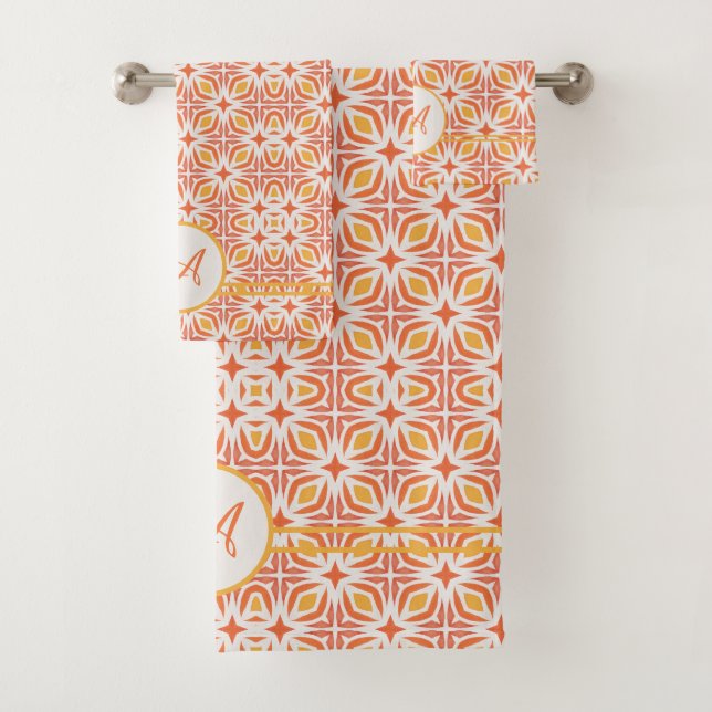 Grunge Monogram | Elegant Red & Orange Pattern Bath Towel Set (Insitu)