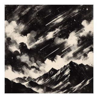 Grunge Mountain Landscape, Black and White Texture Photo Print