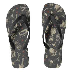 Grunge music skull crossbones pattern flip flops