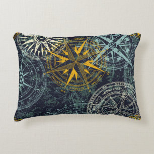 Grunge nautical rose wind compass vintage vintage accent pillow