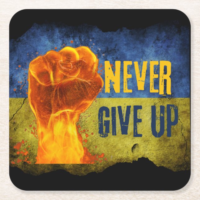 Grunge Never Give Up Ukraine Flaming Fist   Square Paper Coaster (Front)
