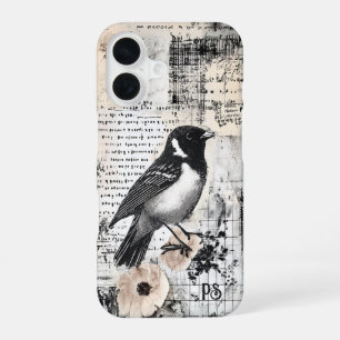 Grunge Newspaper Bird Collage Scrapbook Monogram  iPhone 16 Case