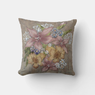 Grunge oldish retro vintage floral spring bouquet throw pillow