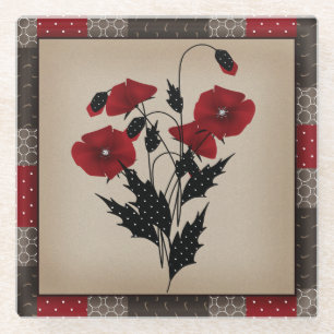 Grunge oldish retro vintage poppies red flowers fl glass coaster