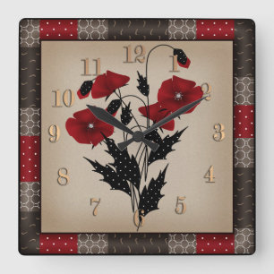 Grunge oldish retro vintage poppies red flowers fl square wall clock