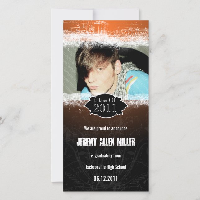 Grunge Orange Black Graduation Photo Card (Front)