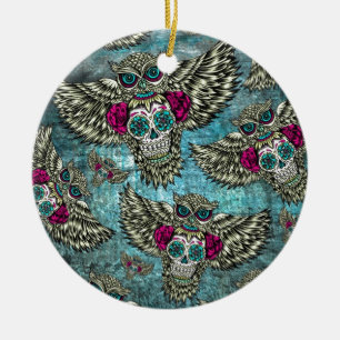 Grunge Owls with sugar skulls Ceramic Ornament