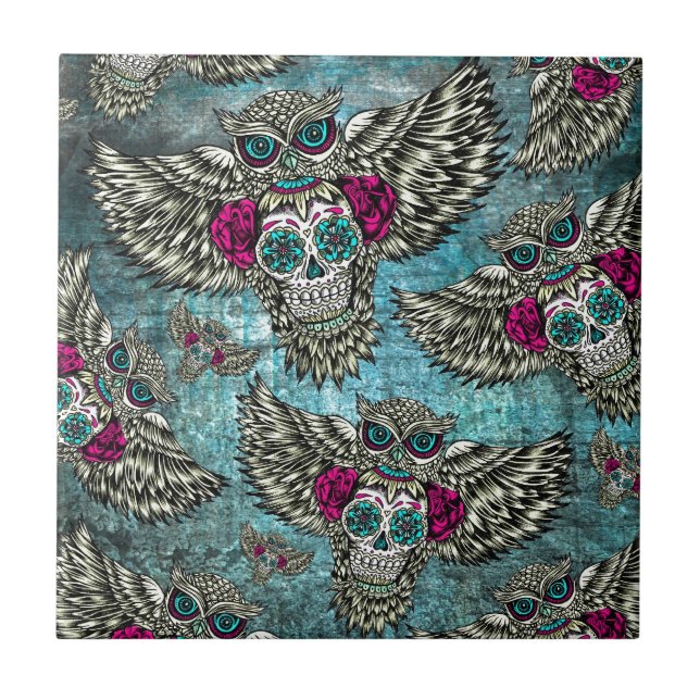 Grunge Owls with sugar skulls Tile (Front)
