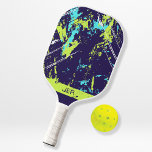 Grunge Paint Splash Monogram Initials Blue Sports Pickleball Paddle<br><div class="desc">Cool distressed sports design features a grunge paint splash pattern in lime green, teal & white on a dark blue background. Customize with three initials in the fun coordinating dark blue font on a distressed lime green banner with the simple to use template. The design repeats on the reverse side....</div>