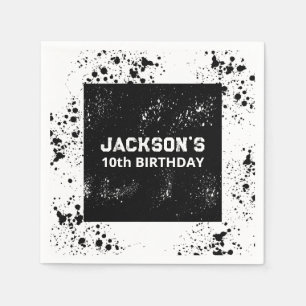 Grunge Paint Splatter Black & White Birthday Napkin