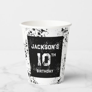 Grunge Paint Splatter Black & White Birthday Paper Cups