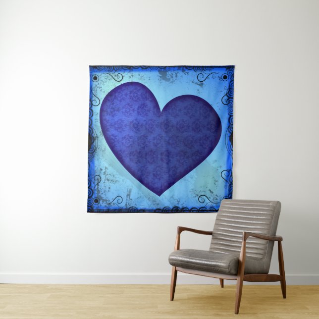 Grunge Paisley Blue Heart Tapestry (In Situ (Horizontal))