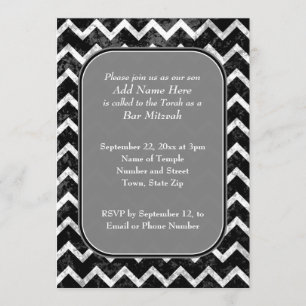 Grunge Pattern Black and White Chevron Bar Mitzvah Invitation