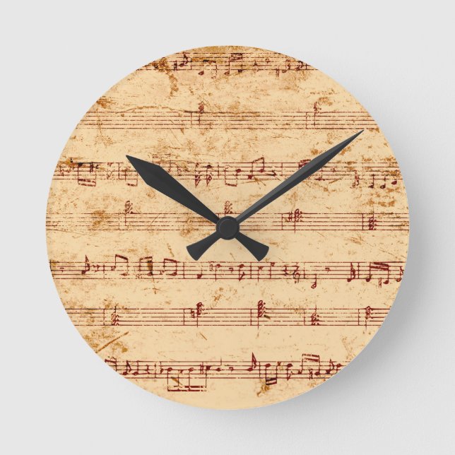 Grunge piano notes music sheet round clock (Front)