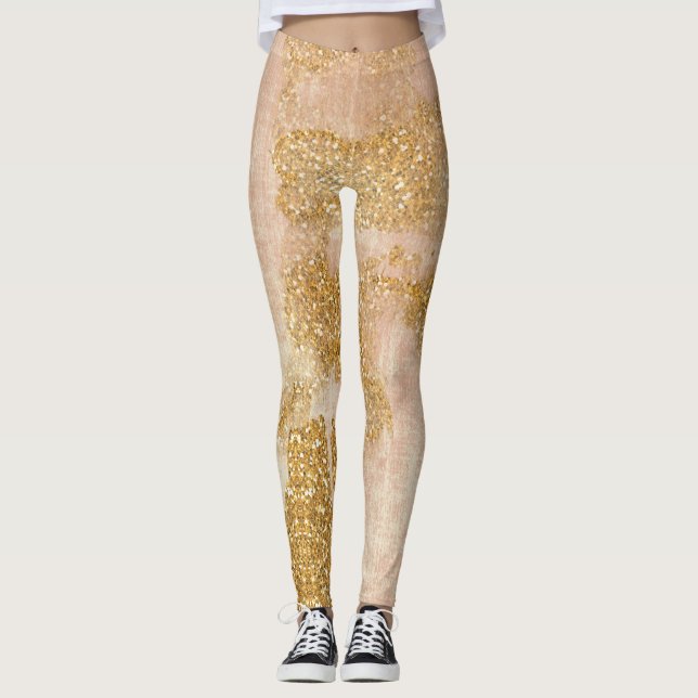 *~* Grunge Pink Gold Glitter Distressed Golden Leggings (Front)